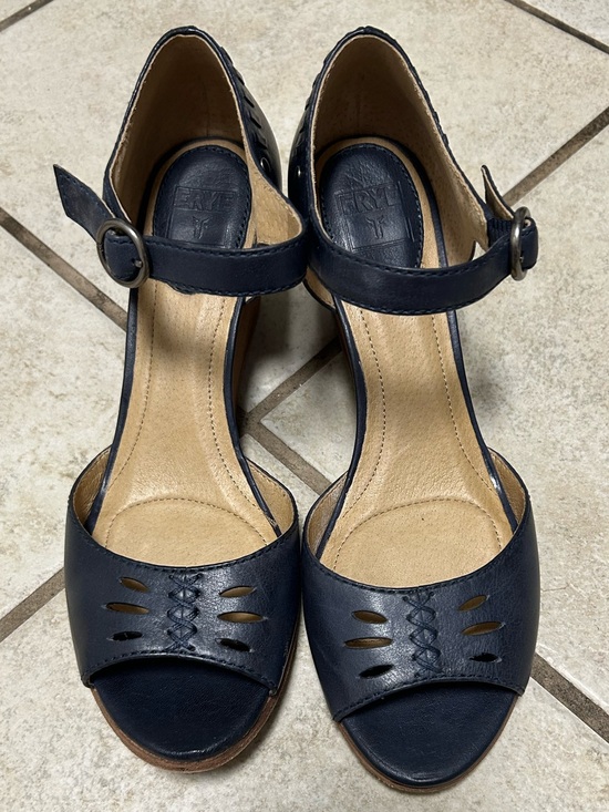 Frye Shoes - Frye Navy Leather Peep-Toe Ankle Strap Heels